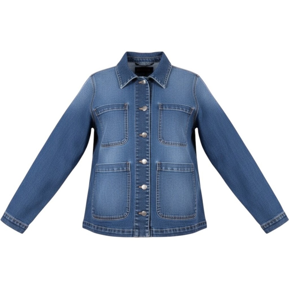 Well Worn Blue Denim Chore Jacket Womens Large Button Front Pocket Workwear Coat